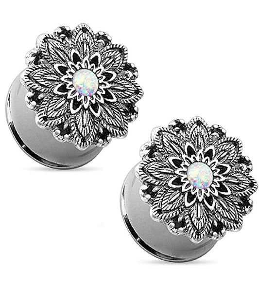 Surgical Steel Opal Centered Antique Silver Plated Lotus Flower Top Double Flared Tunnels Plugs Impulse Piercings 4GA (5mm)