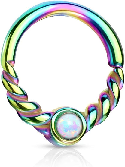 Surgical Steel Opal Centered Braided Half Circle All Bendable Segment Rings for Daith, Cartilage Nose Septum Nose Ring Impulse Piercings 18GA Length: 8mm Rainbow