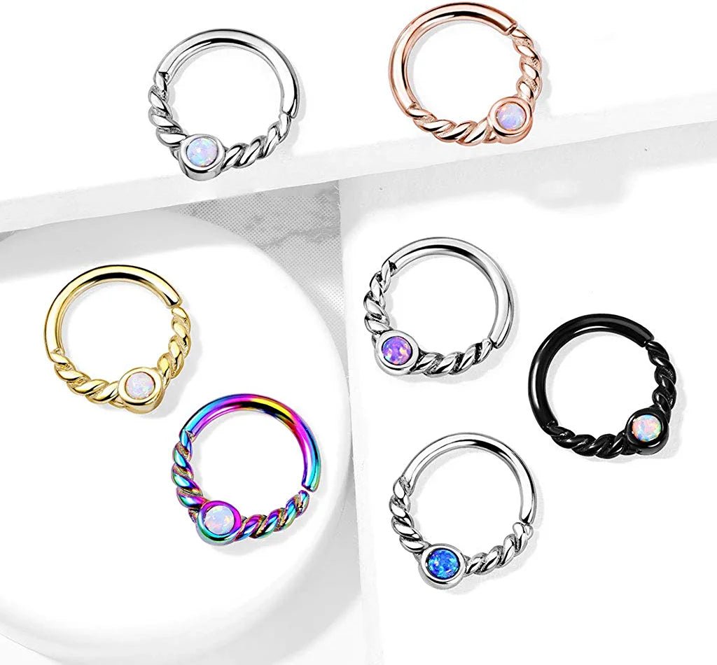 Surgical Steel Opal Centered Braided Half Circle All Bendable Segment Rings for Daith, Cartilage Nose Septum Nose Ring Impulse Piercings