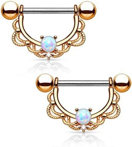 Surgical Steel Opal Centered Filigree Drop Nipple Shield Rings Nipple Ring Impulse Piercings 16GA Length: 16mm Rose Gold