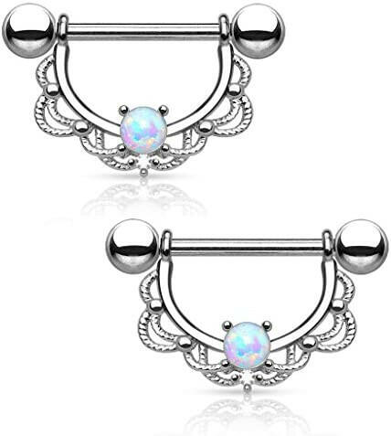 Surgical Steel Opal Centered Filigree Drop Nipple Shield Rings Nipple Ring Impulse Piercings 16GA Length: 16mm Steel