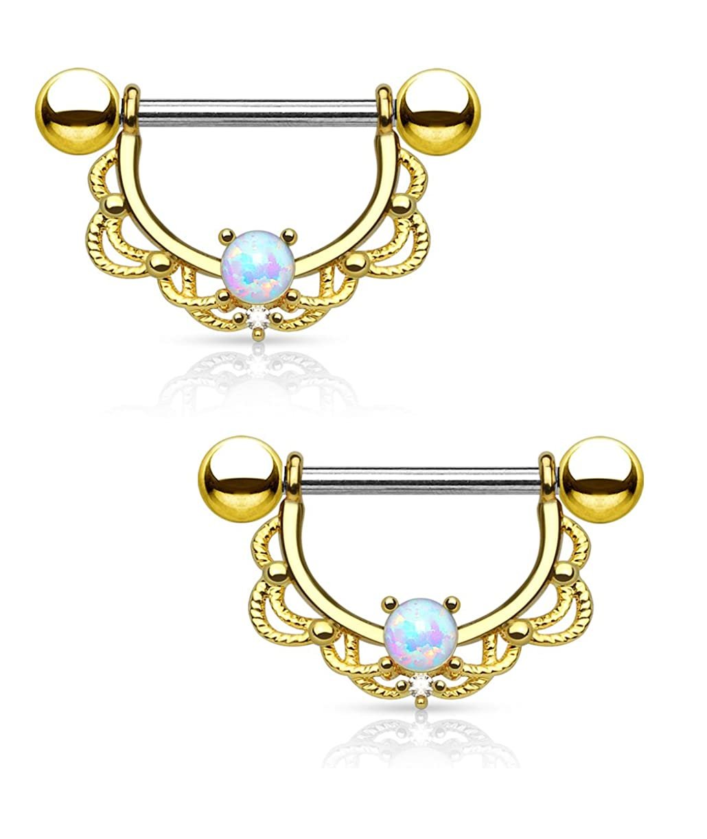 Surgical Steel Opal Centered Filigree Drop Nipple Shield Rings Nipple Ring Impulse Piercings 16GA Length: 16mm Gold