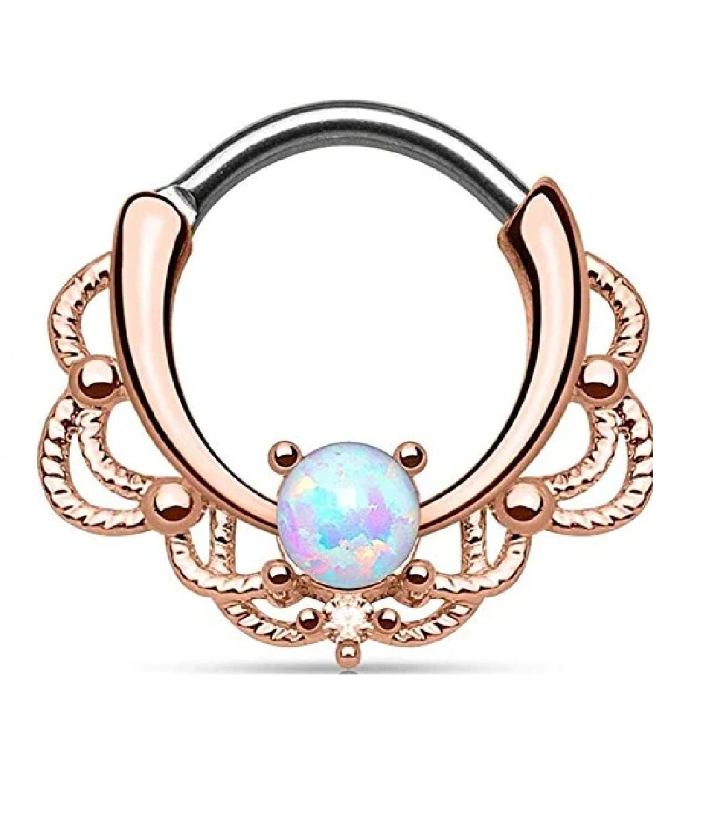 Surgical Steel Opal Centered Filigree Rose Gold Plated Round Bar Nose Septum Ear Cartilage Clicker Ring Septum Ring Impulse Piercings