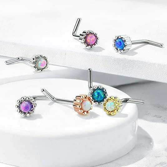 Surgical Steel Opal Centered Round Top L Bend Nose Stud Rings Nose Ring Impulse Piercings