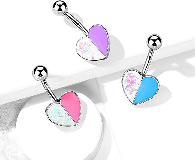 Surgical Steel Opal Glitter and Enamel Heart Belly Navel Ring Navel Ring Impulse Piercings