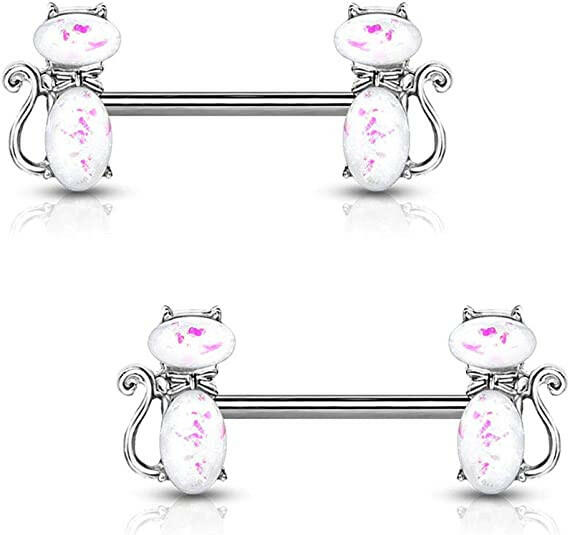 Surgical Steel Opal Glitter Cats Nipple Barbell Rings Nipple Ring Impulse Piercings White