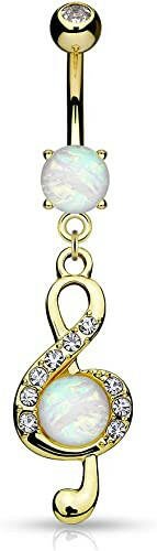 Surgical Steel Opal Glitter Center Crystal Paved Clef Dangle Belly Navel Ring Navel Ring Impulse Piercings Gold