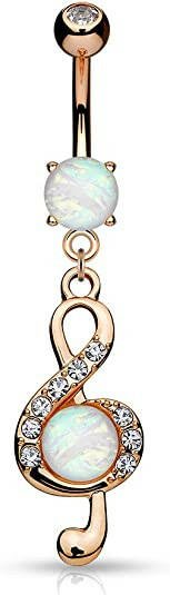 Surgical Steel Opal Glitter Center Crystal Paved Clef Dangle Belly Navel Ring Navel Ring Impulse Piercings Rose Gold