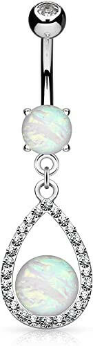 Surgical Steel Opal Glitter Center Crystal Paved Tear Drop Dangle Belly Navel Ring Navel Ring Impulse Piercings