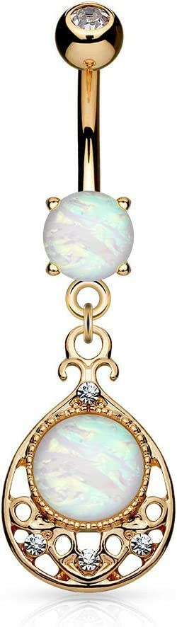 Surgical Steel Opal Glitter Center Vintage Filigree Dangle Belly Navel Ring Navel Ring Impulse Piercings Rose Gold