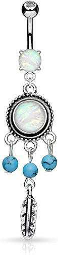 Surgical Steel Opal Glitter Center with Turquoise Beads Dream Cathcher Dangle Belly Navel Ring Navel Ring Impulse Piercings