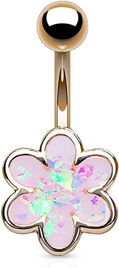 Surgical Steel Opal Glitter Filled 6 Petal Flower Belly Navel Ring Navel Ring Impulse Piercings Rose Gold