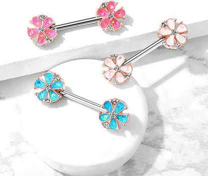 Surgical Steel Opal Glitter Filled Rose Gold Plated 5 Petal Flower Ends Nipple Barbell Rings Nipple Ring Impulse Piercings