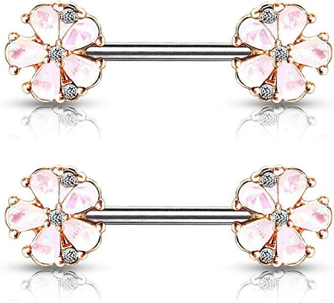 Surgical Steel Opal Glitter Filled Rose Gold Plated 5 Petal Flower Ends Nipple Barbell Rings Nipple Ring Impulse Piercings White