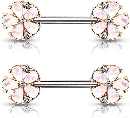 Surgical Steel Opal Glitter Filled Rose Gold Plated 5 Petal Flower Ends Nipple Barbell Rings Nipple Ring Impulse Piercings White