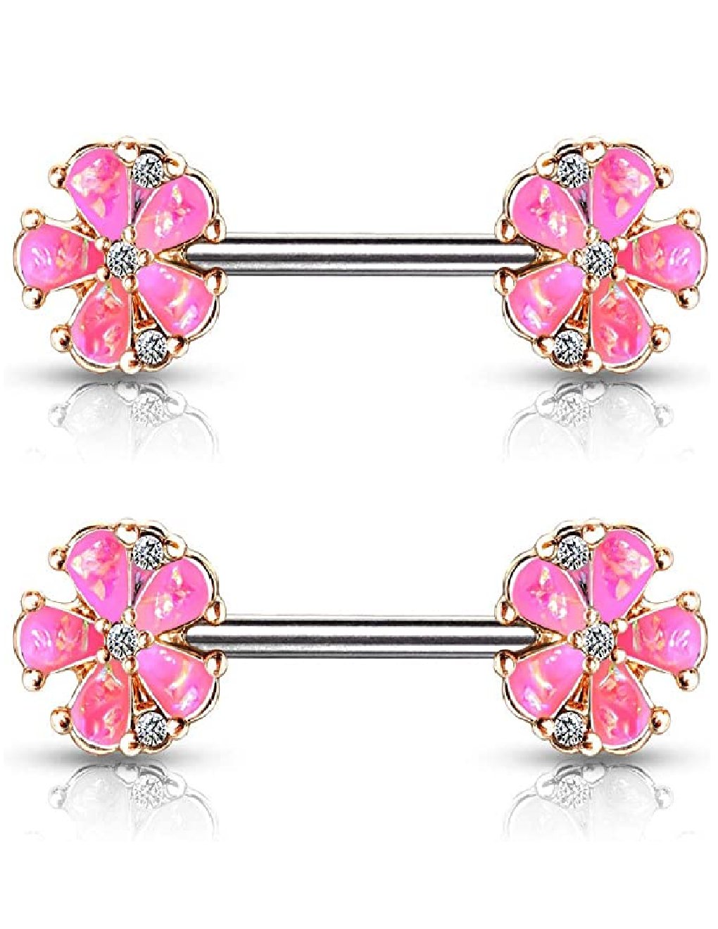 Surgical Steel Opal Glitter Filled Rose Gold Plated 5 Petal Flower Ends Nipple Barbell Rings Nipple Ring Impulse Piercings Pink