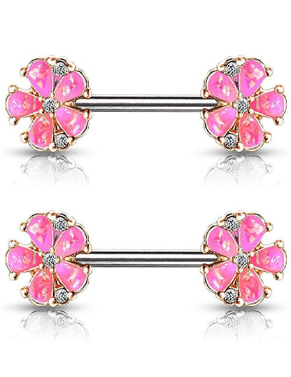 Surgical Steel Opal Glitter Filled Rose Gold Plated 5 Petal Flower Ends Nipple Barbell Rings Nipple Ring Impulse Piercings Pink