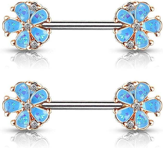 Surgical Steel Opal Glitter Filled Rose Gold Plated 5 Petal Flower Ends Nipple Barbell Rings Nipple Ring Impulse Piercings Aqua