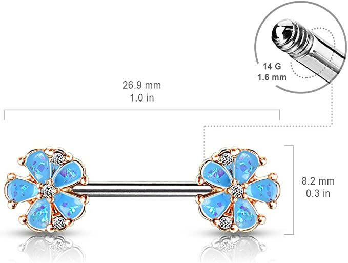 Surgical Steel Opal Glitter Filled Rose Gold Plated 5 Petal Flower Ends Nipple Barbell Rings Nipple Ring Impulse Piercings