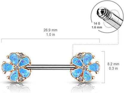 Surgical Steel Opal Glitter Filled Rose Gold Plated 5 Petal Flower Ends Nipple Barbell Rings Nipple Ring Impulse Piercings