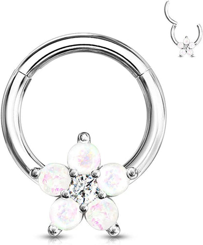 Surgical Steel Opal Glitter Flower Centered Hinge Hoops for Ear Daith Nose Septum Nose Ring Impulse Piercings White