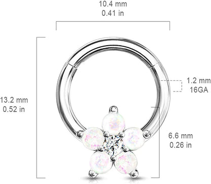 Surgical Steel Opal Glitter Flower Centered Hinge Hoops for Ear Daith Nose Septum Nose Ring Impulse Piercings