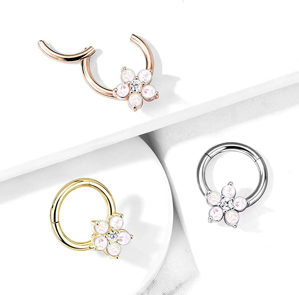 Surgical Steel Opal Glitter Flower Centered Hinge Hoops for Ear Daith Nose Septum Nose Ring Impulse Piercings