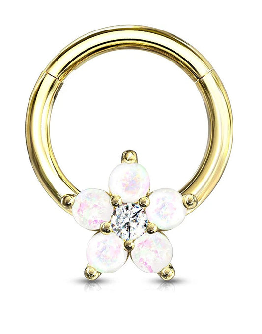 Surgical Steel Opal Glitter Flower Centered Hinge Hoops for Ear Daith Nose Septum Nose Ring Impulse Piercings Gold