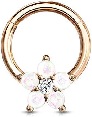 Surgical Steel Opal Glitter Flower Centered Hinge Hoops for Ear Daith Nose Septum Nose Ring Impulse Piercings Rose Gold