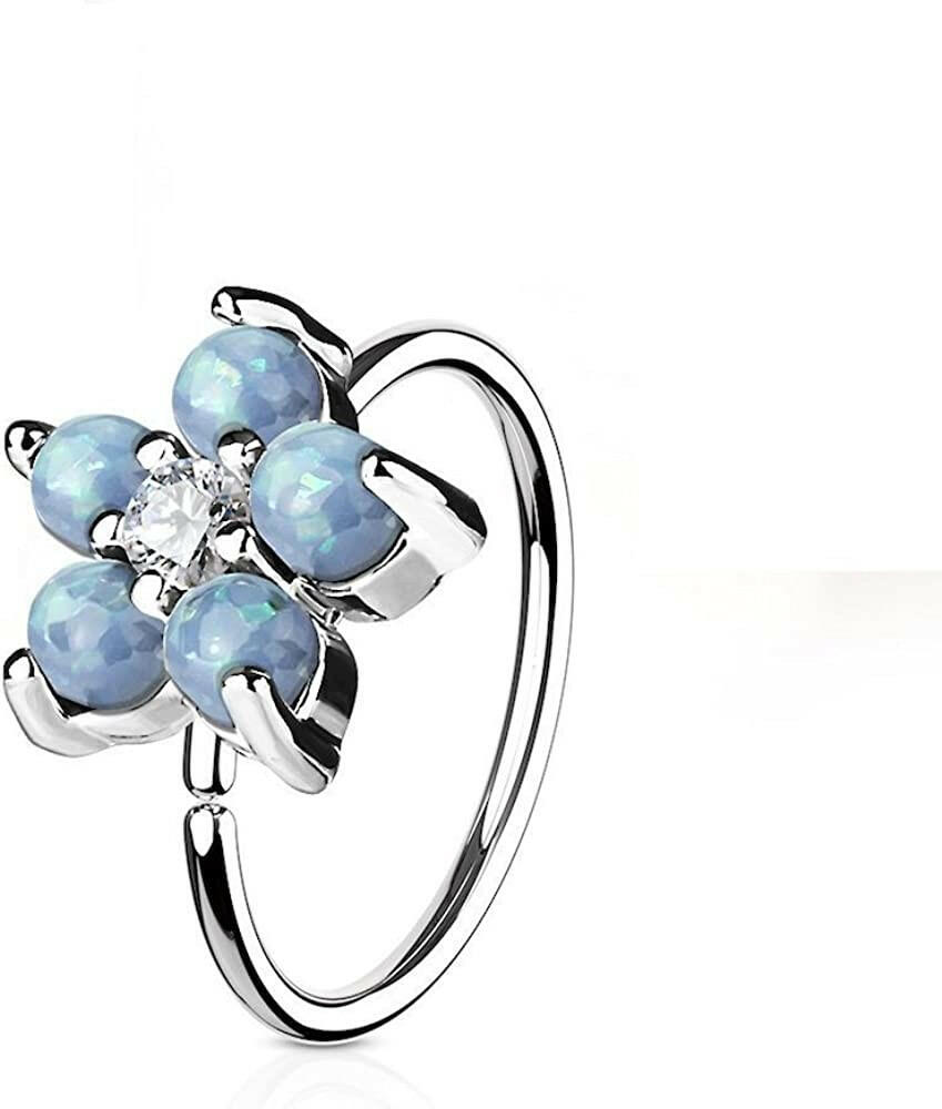 Surgical Steel Opal Glitter Flower Petals CZ Center Hoop Ring for Nose and Ear Cartilage Nose Ring, cartilage ring Impulse Piercings Aqua