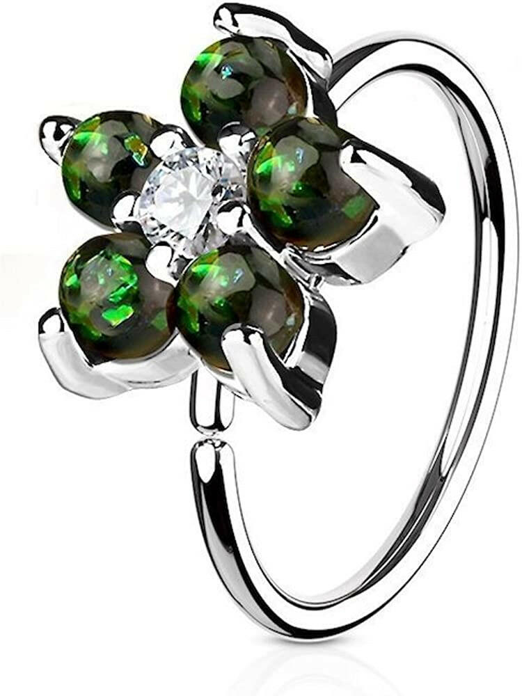 Surgical Steel Opal Glitter Flower Petals CZ Center Hoop Ring for Nose and Ear Cartilage Nose Ring, cartilage ring Impulse Piercings Dark Green