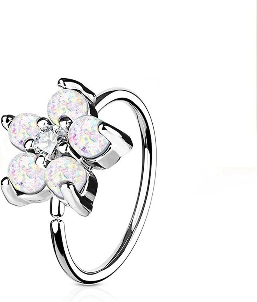 Surgical Steel Opal Glitter Flower Petals CZ Center Hoop Ring for Nose and Ear Cartilage Nose Ring, cartilage ring Impulse Piercings White