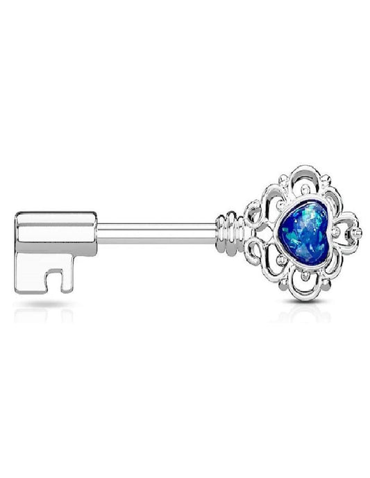 Surgical Steel Opal Glitter Heart Centered Filigree Vintage Key Nipple Barbell Rings Nipple Ring Impulse Piercings Blue