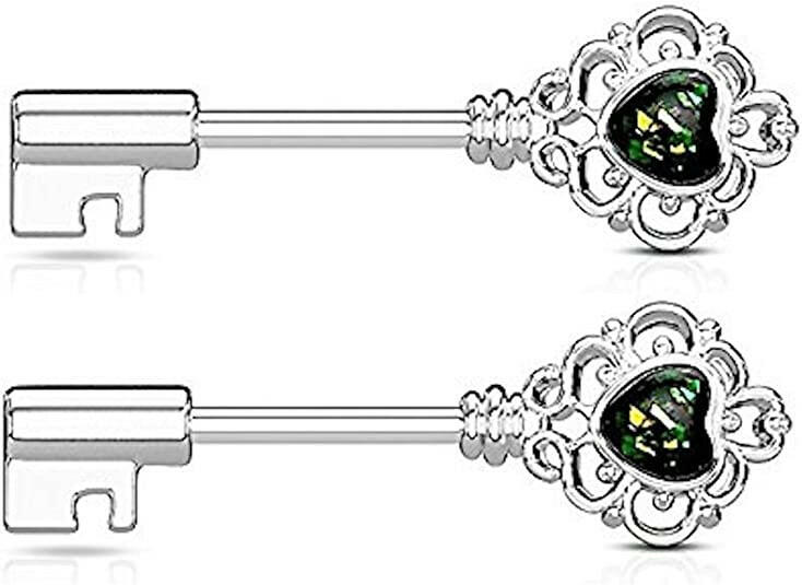 Surgical Steel Opal Glitter Heart Centered Filigree Vintage Key Nipple Barbell Rings Nipple Ring Impulse Piercings Green