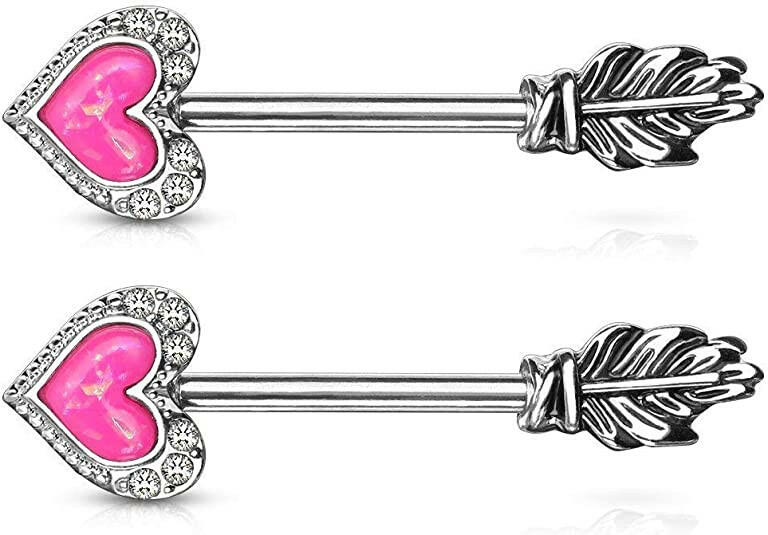 Surgical Steel Opal Glitter Heart CZ Paved Outline Arrow with Feather End Nipple Barbell Rings Nipple Ring Impulse Piercings Pink