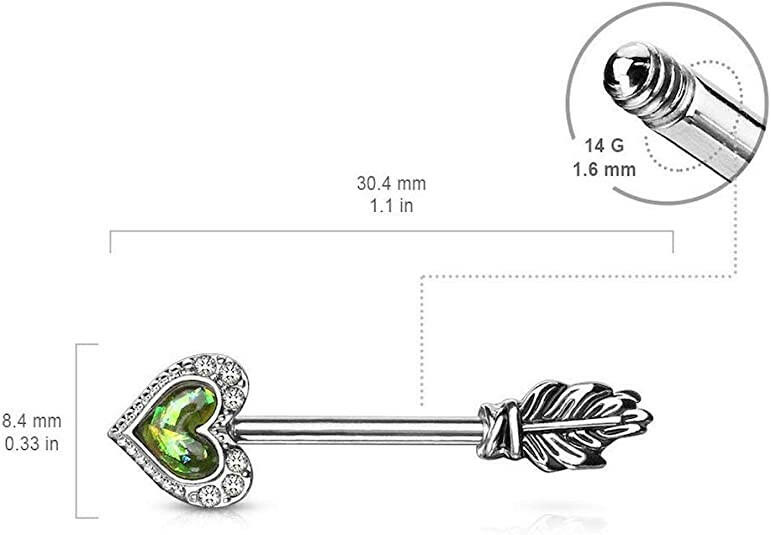 Surgical Steel Opal Glitter Heart CZ Paved Outline Arrow with Feather End Nipple Barbell Rings Nipple Ring Impulse Piercings