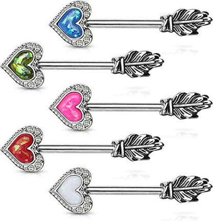 Surgical Steel Opal Glitter Heart CZ Paved Outline Arrow with Feather End Nipple Barbell Rings Nipple Ring Impulse Piercings