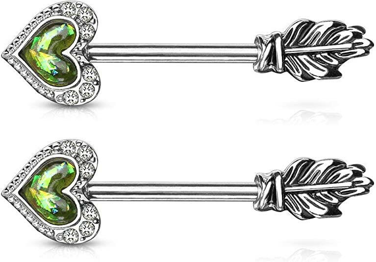 Surgical Steel Opal Glitter Heart CZ Paved Outline Arrow with Feather End Nipple Barbell Rings Nipple Ring Impulse Piercings Green