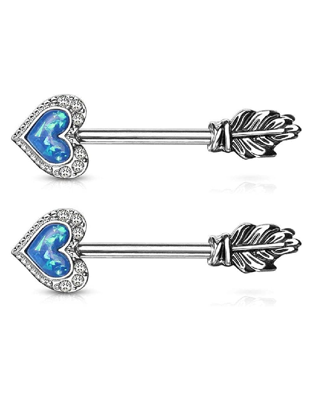 Surgical Steel Opal Glitter Heart CZ Paved Outline Arrow with Feather End Nipple Barbell Rings Nipple Ring Impulse Piercings Blue