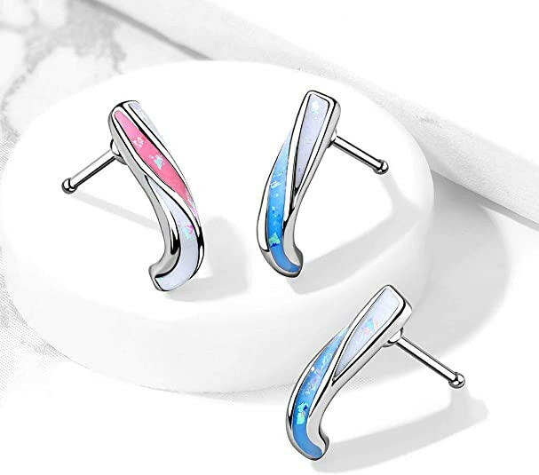 Surgical Steel Opal Glitter Paved Twist Bone Stud Nose Crawler Nose Ring Impulse Piercings