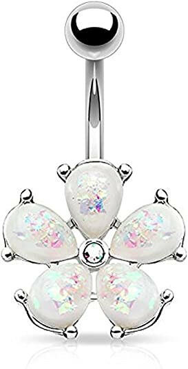 Surgical Steel Opal Glitter Petals with Crystal Center Flower Belly Navel Ring Navel Ring Impulse Piercings Steel