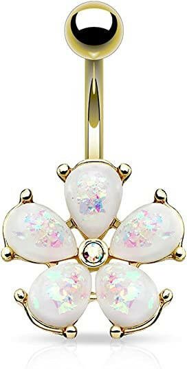 Surgical Steel Opal Glitter Petals with Crystal Center Flower Belly Navel Ring Navel Ring Impulse Piercings Gold