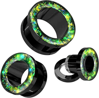 Surgical Steel Opal Glitter Rim Black Screw Fit Tunnel Plugs Impulse Piercings