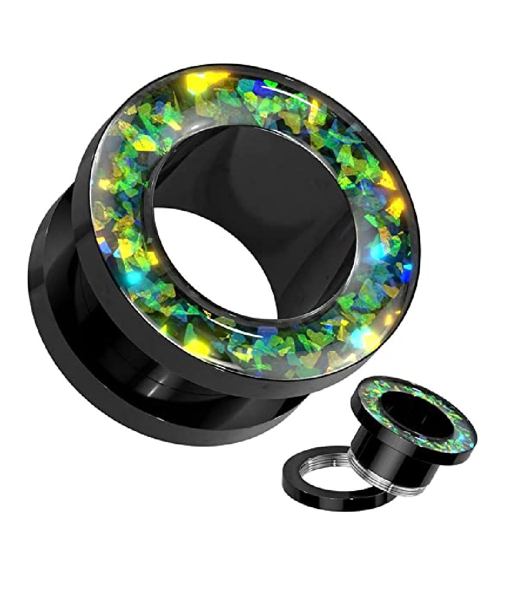 Surgical Steel Opal Glitter Rim Black Screw Fit Tunnel Plugs Impulse Piercings 0GA (8mm)