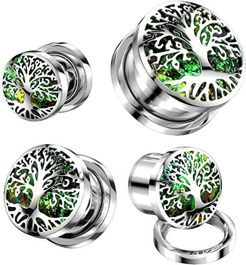 Surgical Steel Opal Glitter Under Tree of Life Screw Fit Tunnel Plugs Impulse Piercings