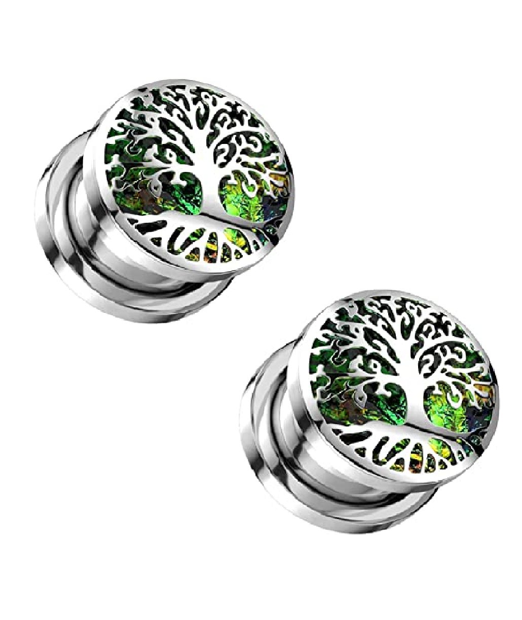 Surgical Steel Opal Glitter Under Tree of Life Screw Fit Tunnel Plugs Impulse Piercings 0GA (8mm)