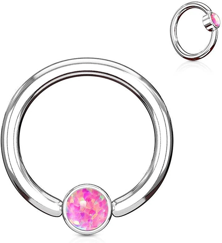 Surgical Steel Opal Round Flat Cylinder Captive Hoop Rings Captive Bead Impulse Piercings 16GA Length: 8mm Pink