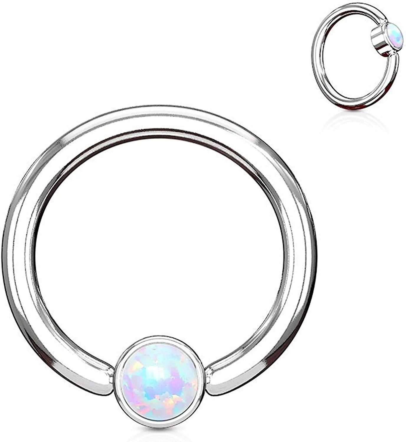 Surgical Steel Opal Round Flat Cylinder Captive Hoop Rings Captive Bead Impulse Piercings 16GA Length: 8mm White