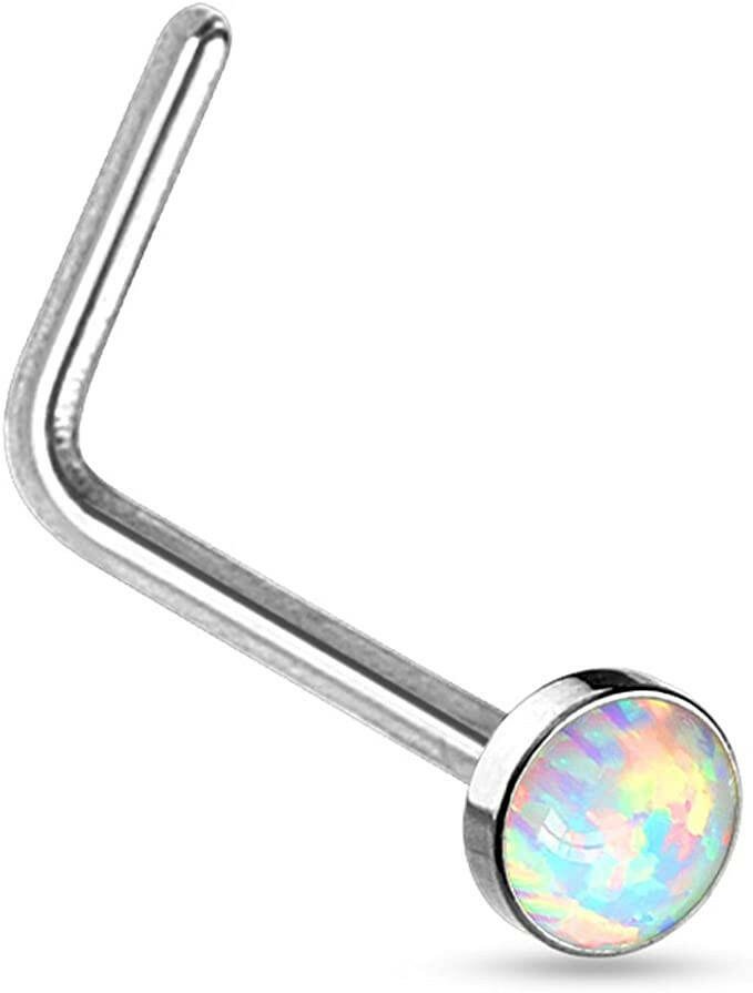 Surgical Steel Opal Set Flat Top L Bend Nose Rings Nose Ring Impulse Piercings White