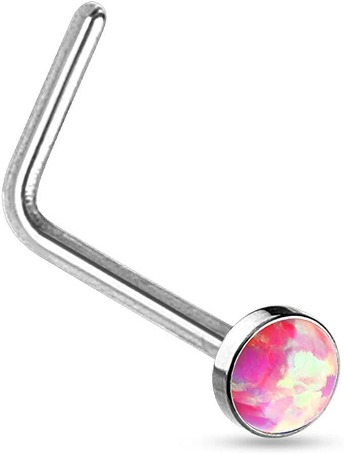 Surgical Steel Opal Set Flat Top L Bend Nose Rings Nose Ring Impulse Piercings Pink